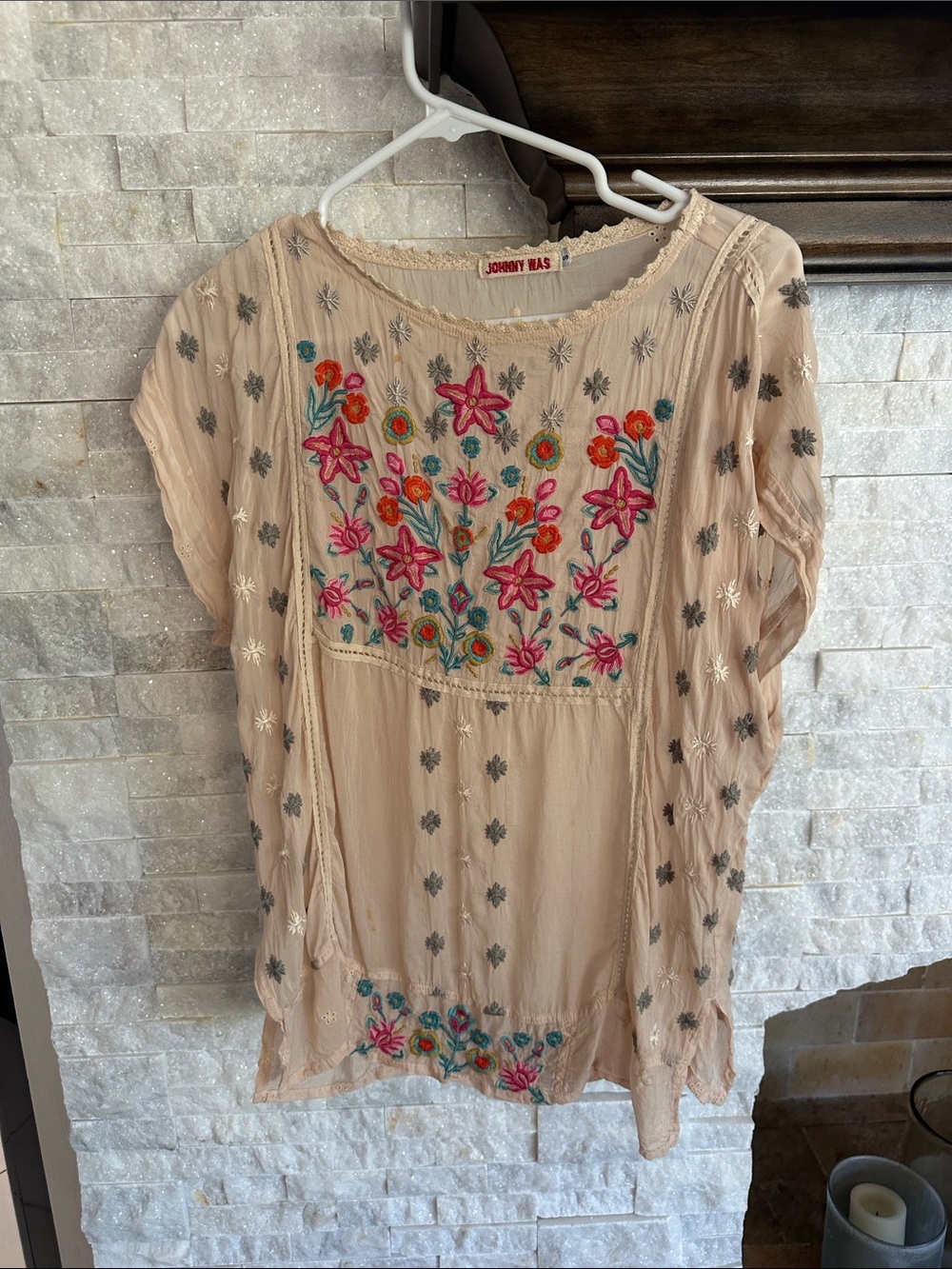 Johnny Was Beige Tunic with Multicolor Floral Embroidery